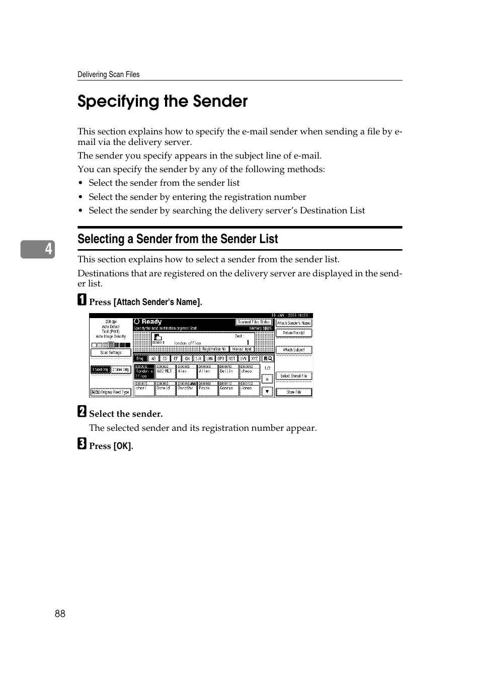 Specifying the sender, Selecting a sender from the sender list, P.88 “specifying the sender | 4specifying the sender | Ricoh Aficio MP 1100 User Manual | Page 96 / 158