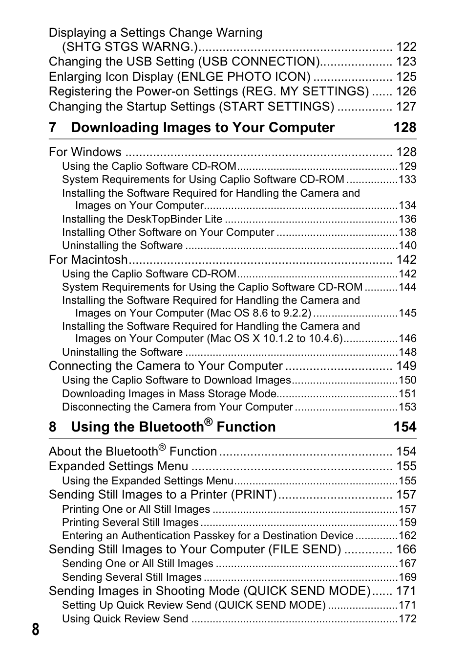 7 downloading images to your computer 128, 8 using the bluetooth, Function 154 | Ricoh 500SE User Manual | Page 11 / 256