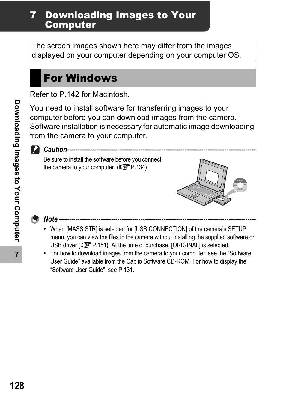 For windows, 7 downloading images to your computer | Ricoh 500SE User Manual | Page 131 / 256