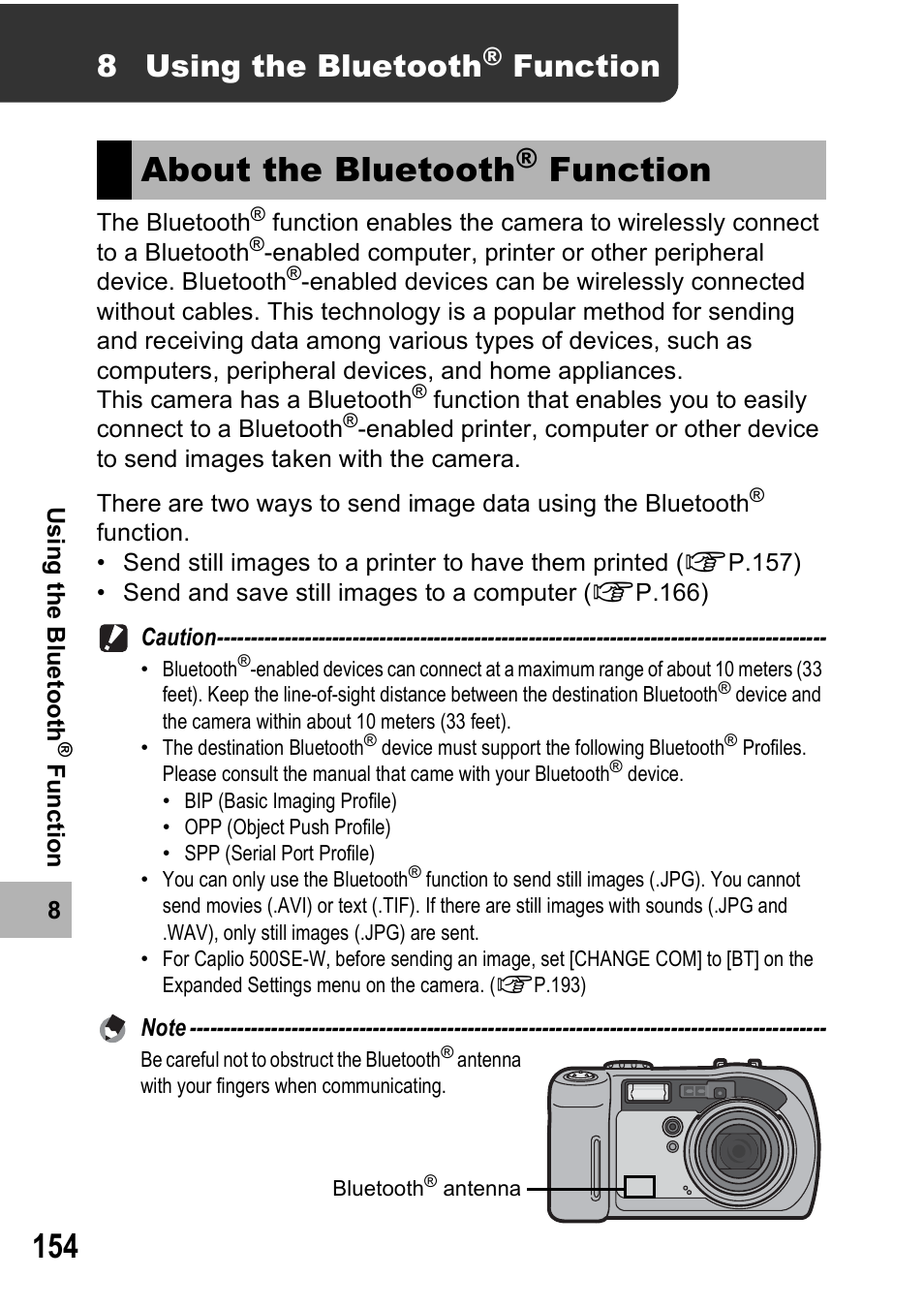 About the bluetooth, 8 using the bluetooth, Function | Ricoh 500SE User Manual | Page 157 / 256
