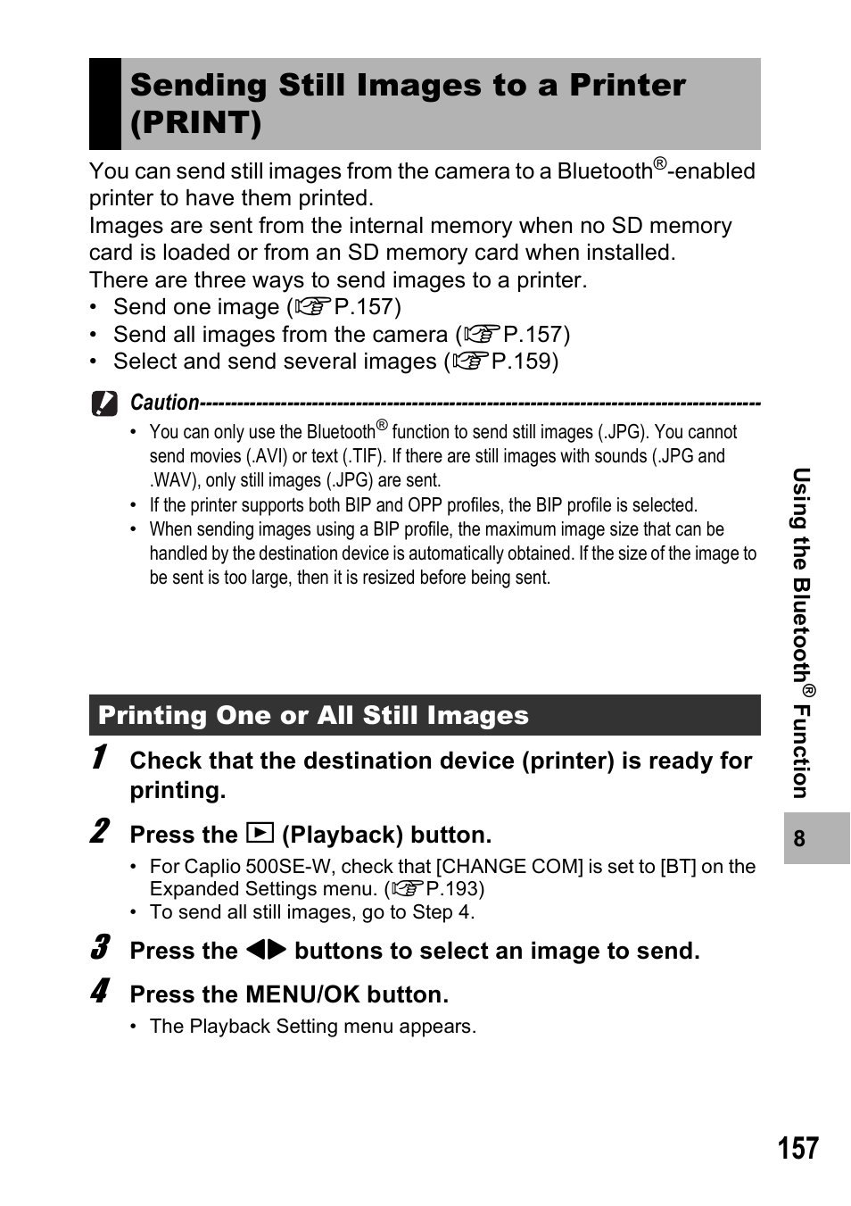 Sending still images to a printer (print) | Ricoh 500SE User Manual | Page 160 / 256