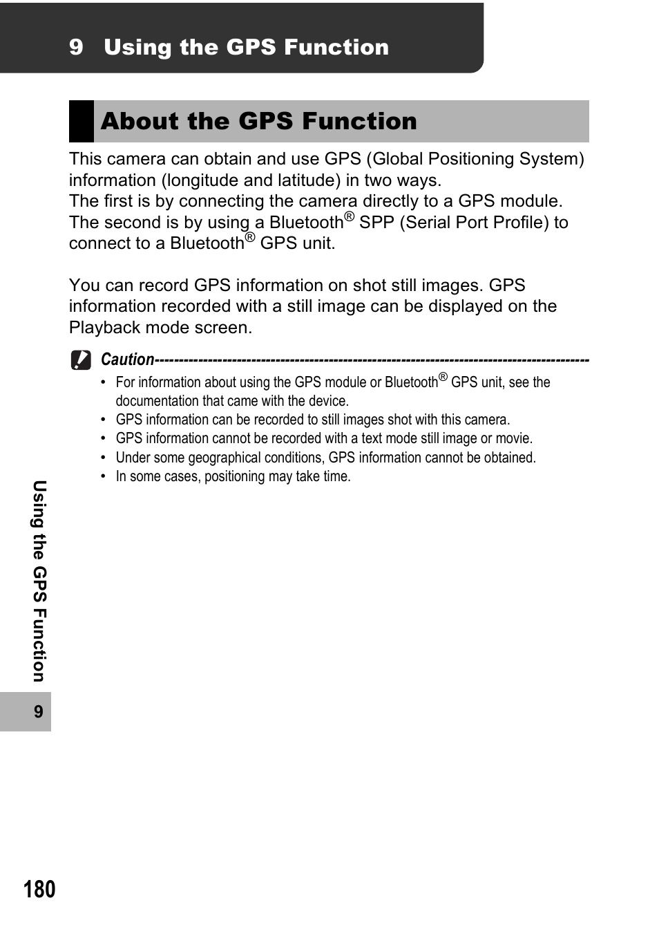 About the gps function, 9 using the gps function | Ricoh 500SE User Manual | Page 183 / 256