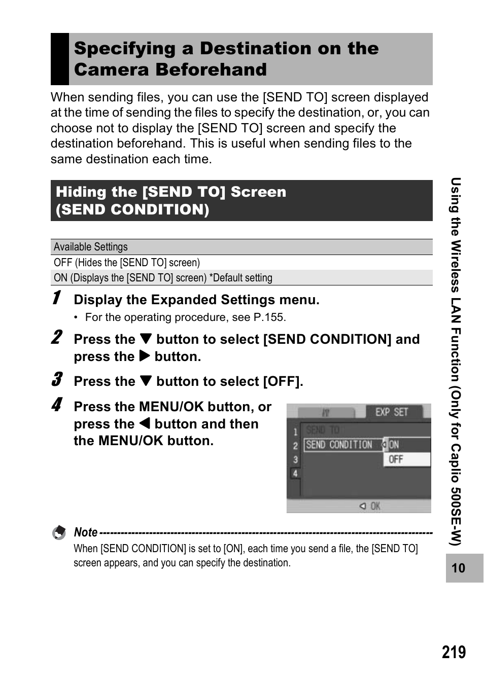 Specifying a destination on the camera beforehand | Ricoh 500SE User Manual | Page 222 / 256