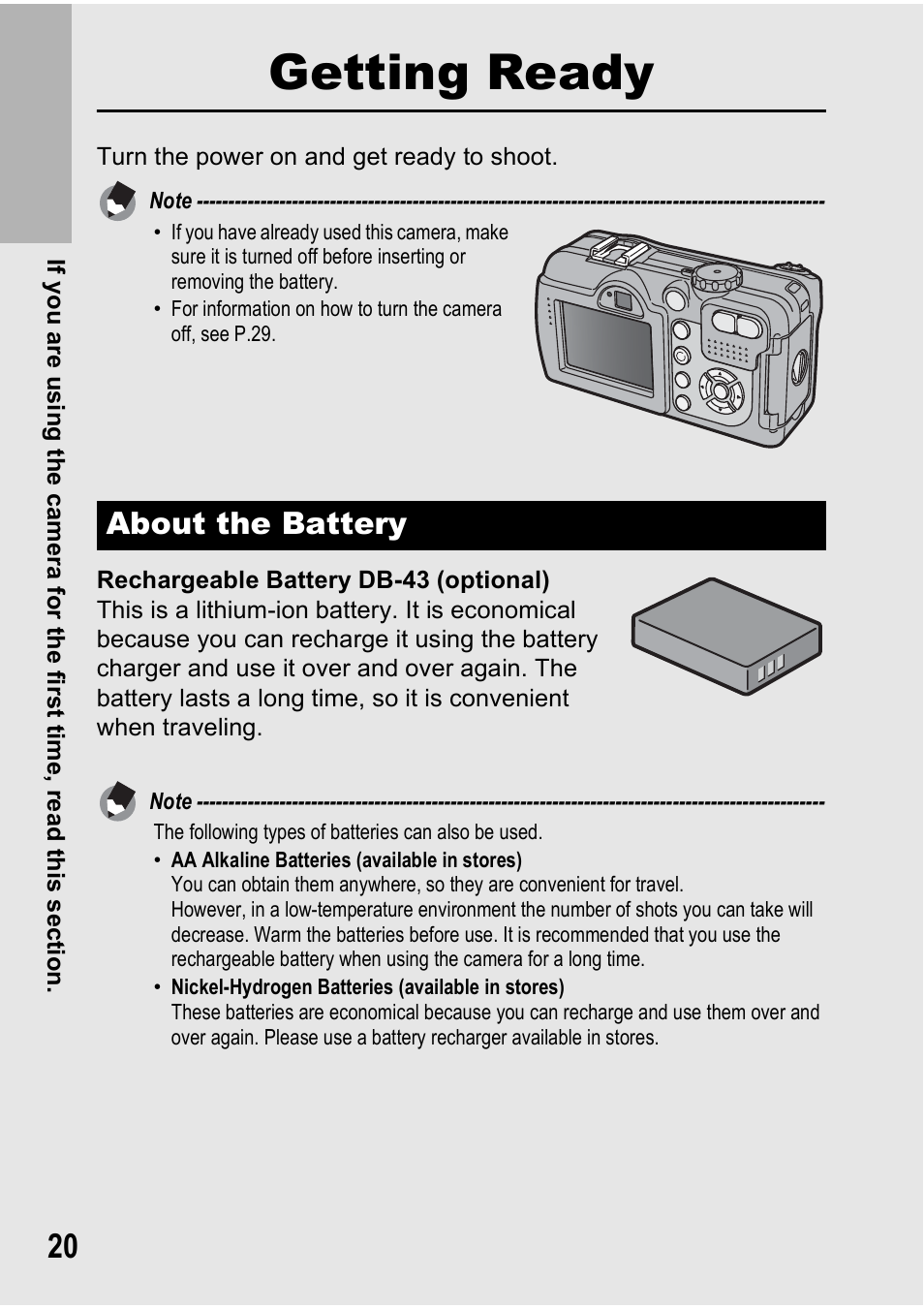 Getting ready, About the battery | Ricoh 500SE User Manual | Page 23 / 256