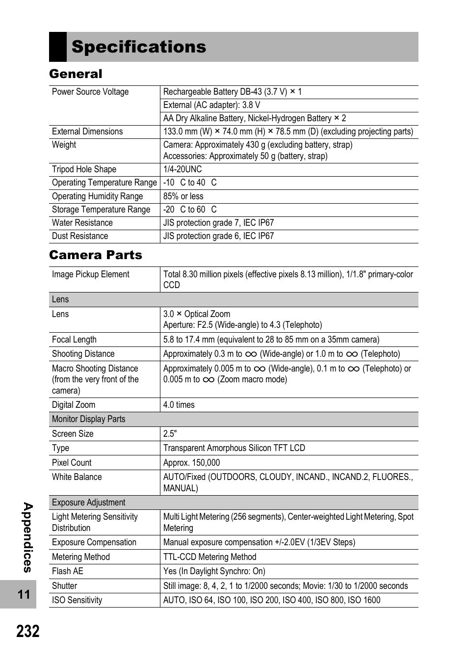 Specifications, 11 a ppe n d ic e s general camera parts | Ricoh 500SE User Manual | Page 235 / 256