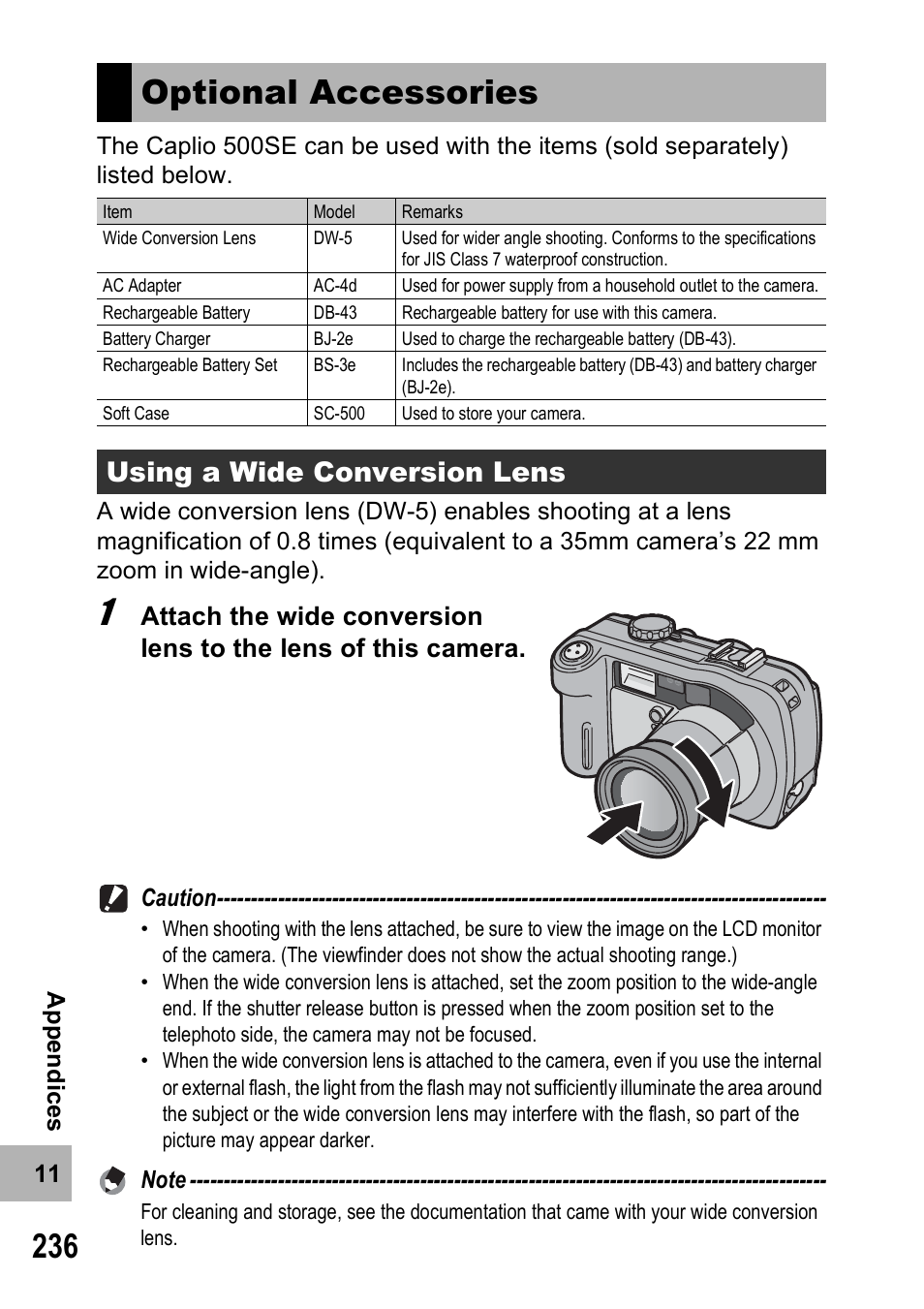 Optional accessories, Using a wide conversion lens | Ricoh 500SE User Manual | Page 239 / 256