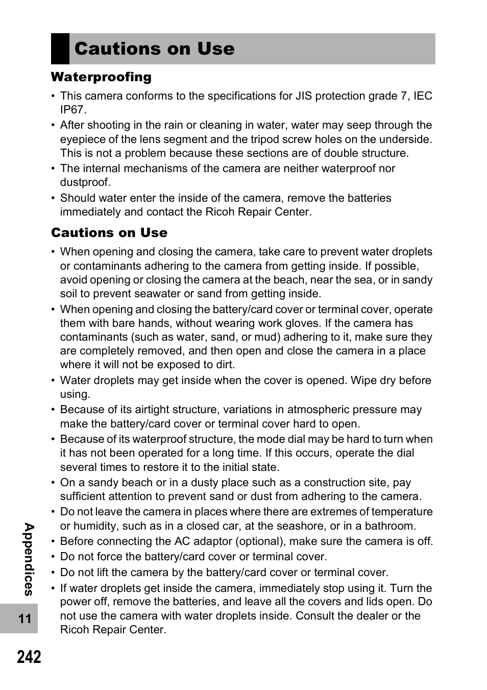 Cautions on use | Ricoh 500SE User Manual | Page 245 / 256