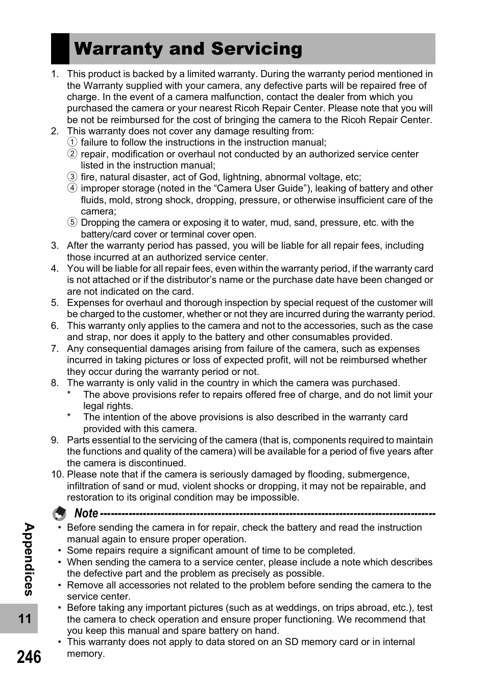 Warranty and servicing, 11 a ppe n d ic e s | Ricoh 500SE User Manual | Page 249 / 256