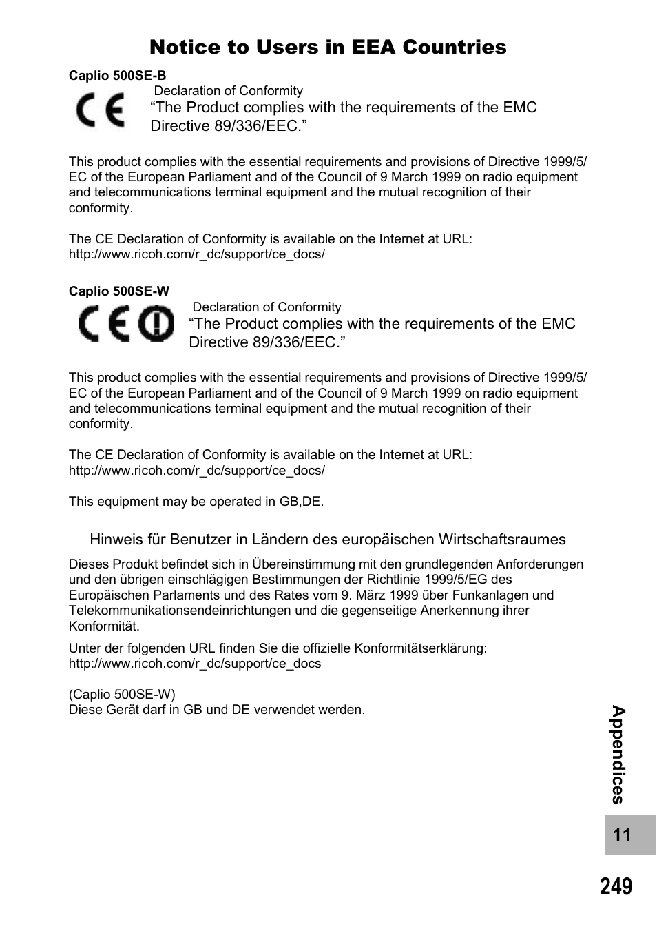Notice to users in eea countries | Ricoh 500SE User Manual | Page 252 / 256