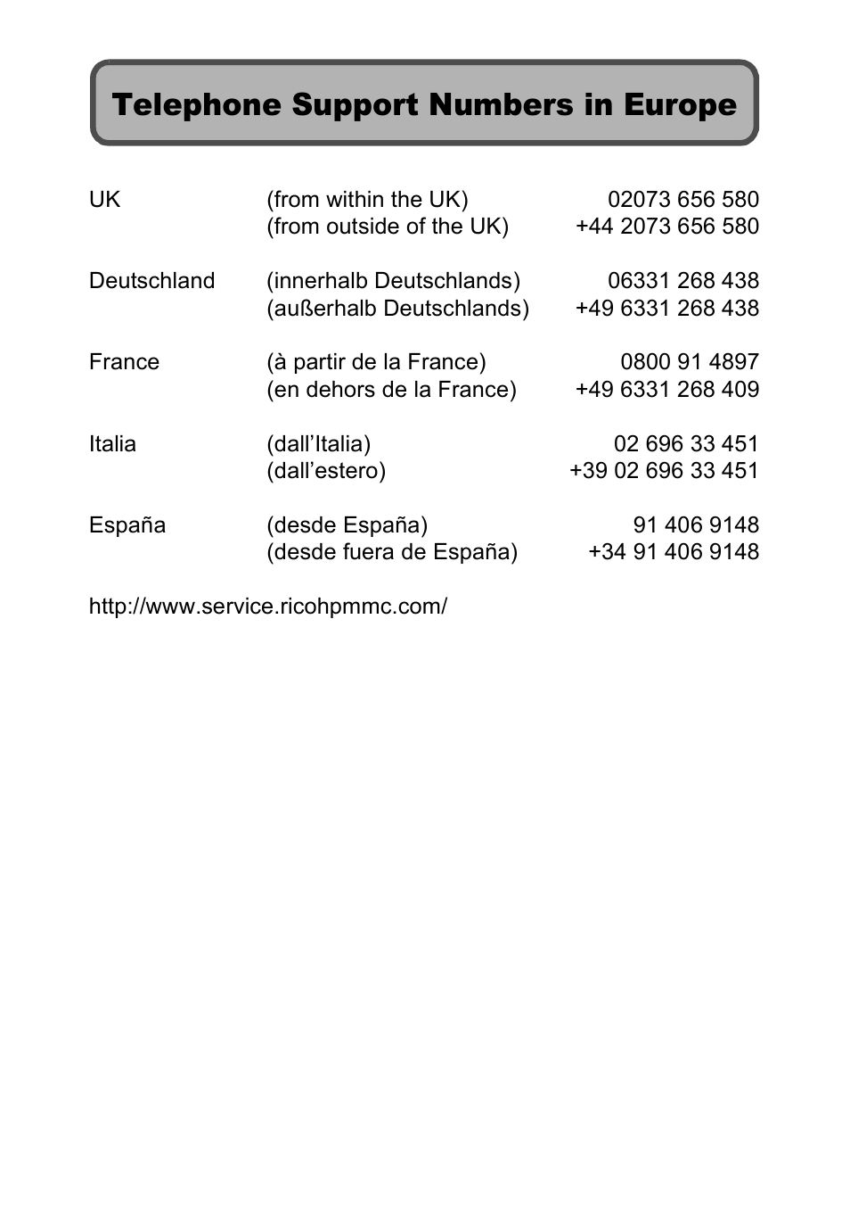 Telephone support numbers in europe | Ricoh 500SE User Manual | Page 3 / 256