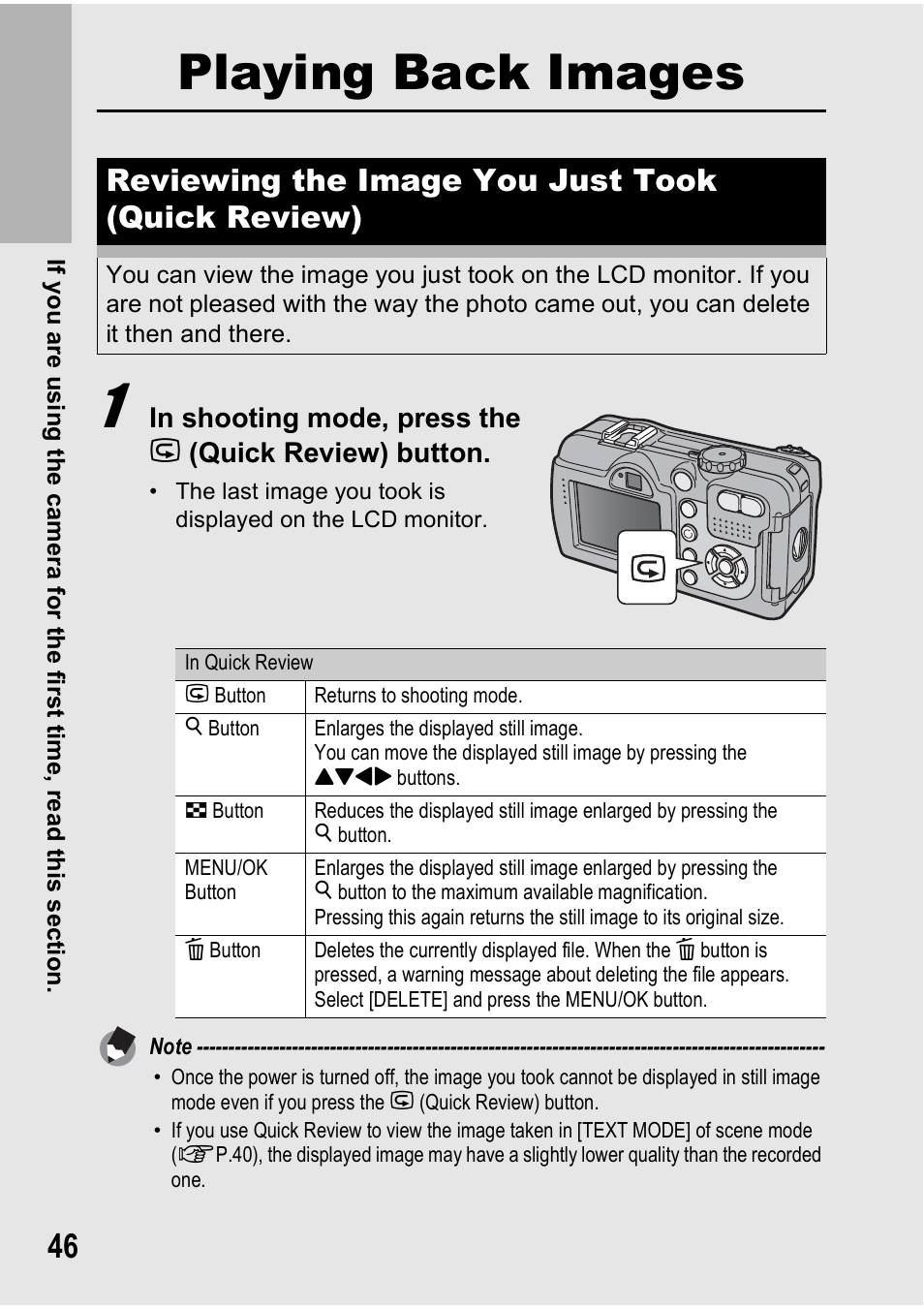 Playing back images, Reviewing the image you just took (quick review) | Ricoh 500SE User Manual | Page 49 / 256