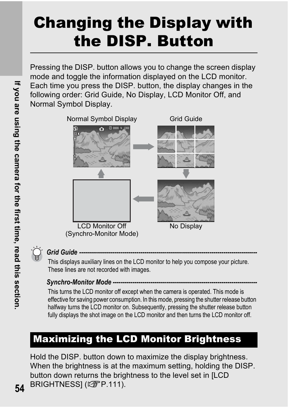 Changing the display with the disp. button, Maximizing the lcd monitor brightness | Ricoh 500SE User Manual | Page 57 / 256