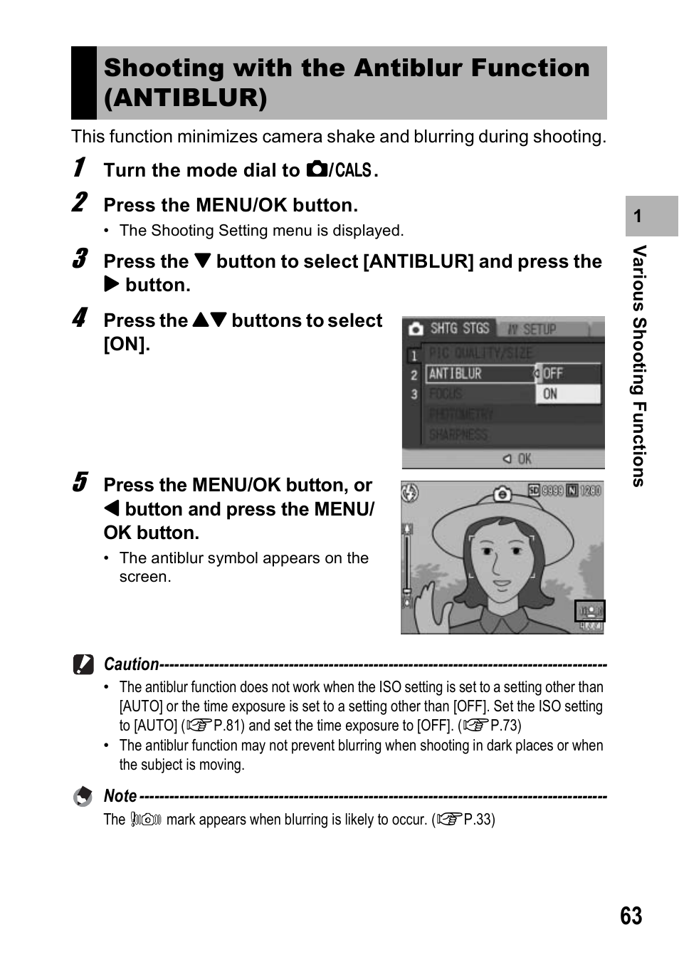 Shooting with the antiblur function (antiblur) | Ricoh 500SE User Manual | Page 66 / 256