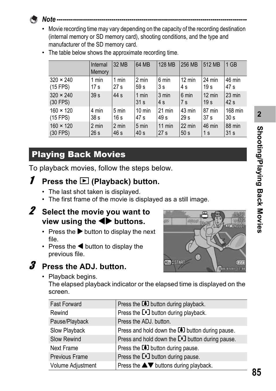 Playing back movies, Press the 6 (playback) button, Press the adj. button | Ricoh 500SE User Manual | Page 88 / 256