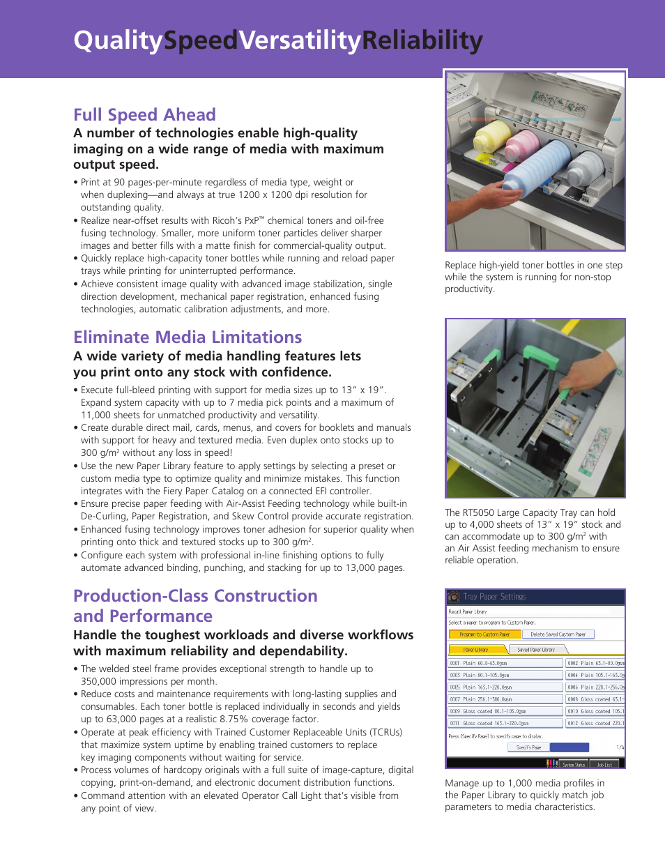 Quality speed versatility reliability, Full speed ahead, Eliminate media limitations | Production-class construction and performance | Ricoh C901S User Manual | Page 3 / 8