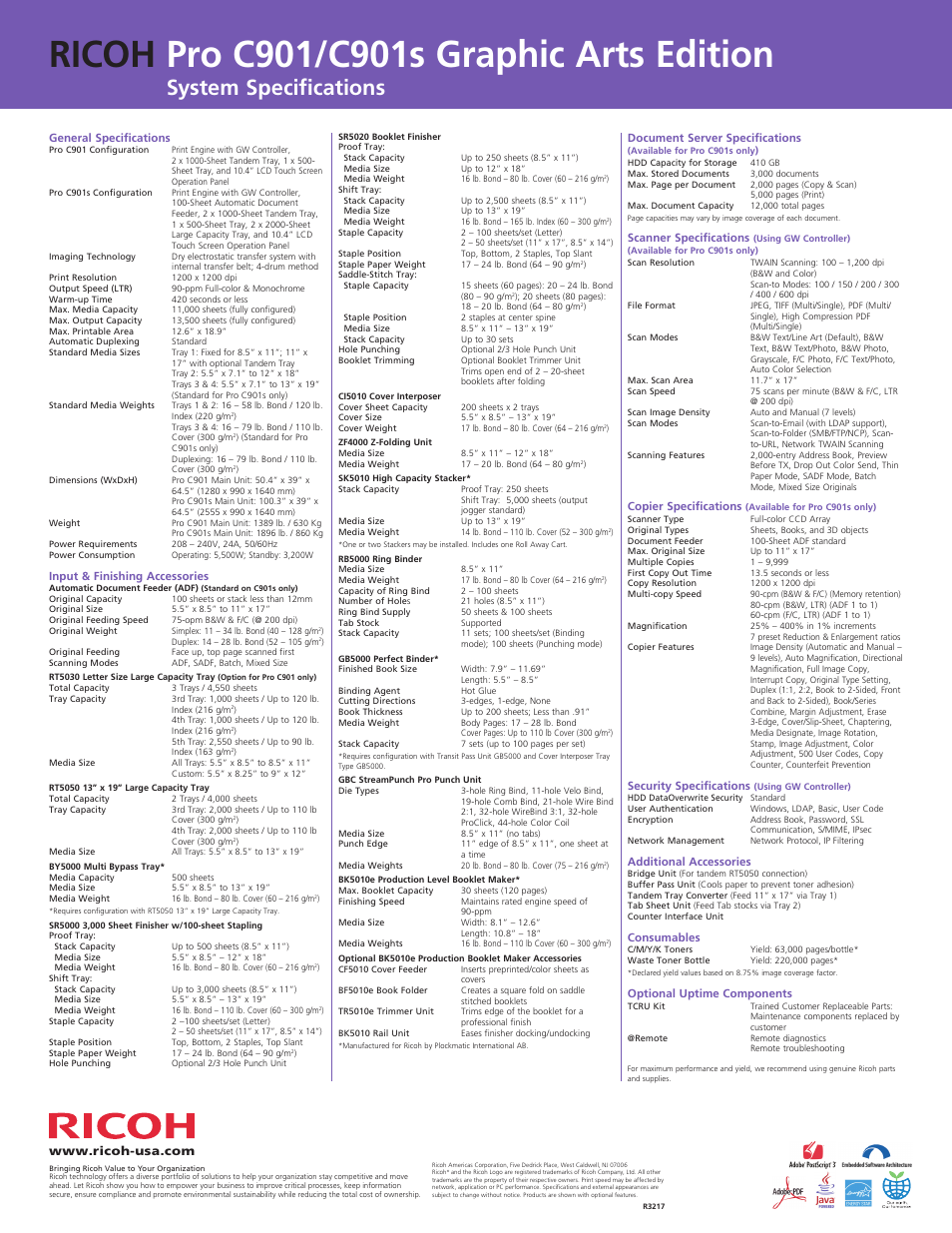 Quality, Versatility, System specifications | Ricoh C901S User Manual | Page 8 / 8