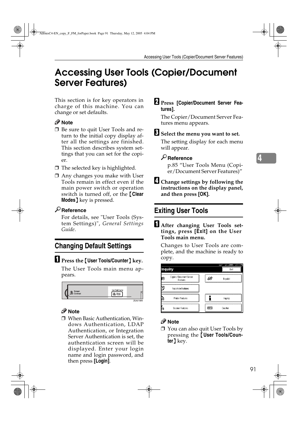 Changing default settings, Exiting user tools | Ricoh Aficio 3045AD User Manual | Page 101 / 136