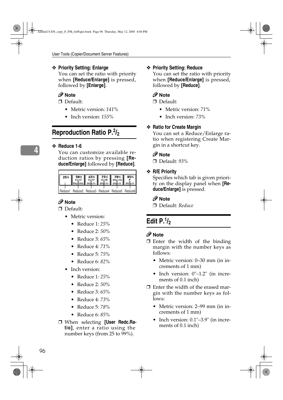 Reproduction ratio p, Edit p | Ricoh Aficio 3045AD User Manual | Page 106 / 136