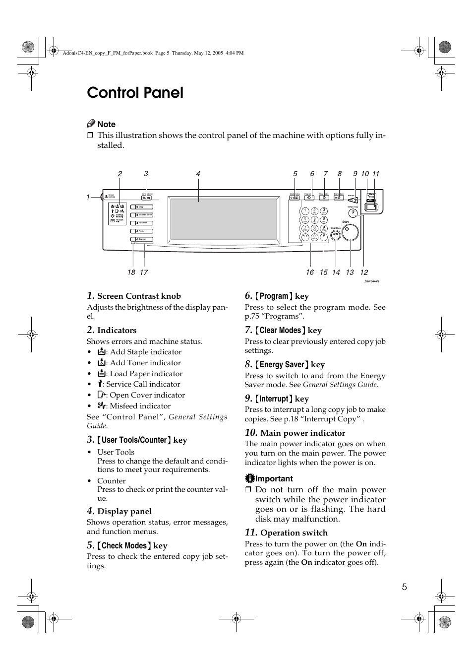 Control panel, Screen contrast knob, Indicators | User tools/counter } key, Display panel, Check modes } key, Program } key, Clear modes } key, Energy saver } key, Interrupt } key | Ricoh Aficio 3045AD User Manual | Page 15 / 136