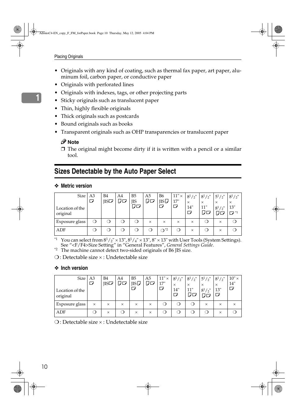 Sizes detectable by the auto paper select, Metric version | Ricoh Aficio 3045AD User Manual | Page 20 / 136