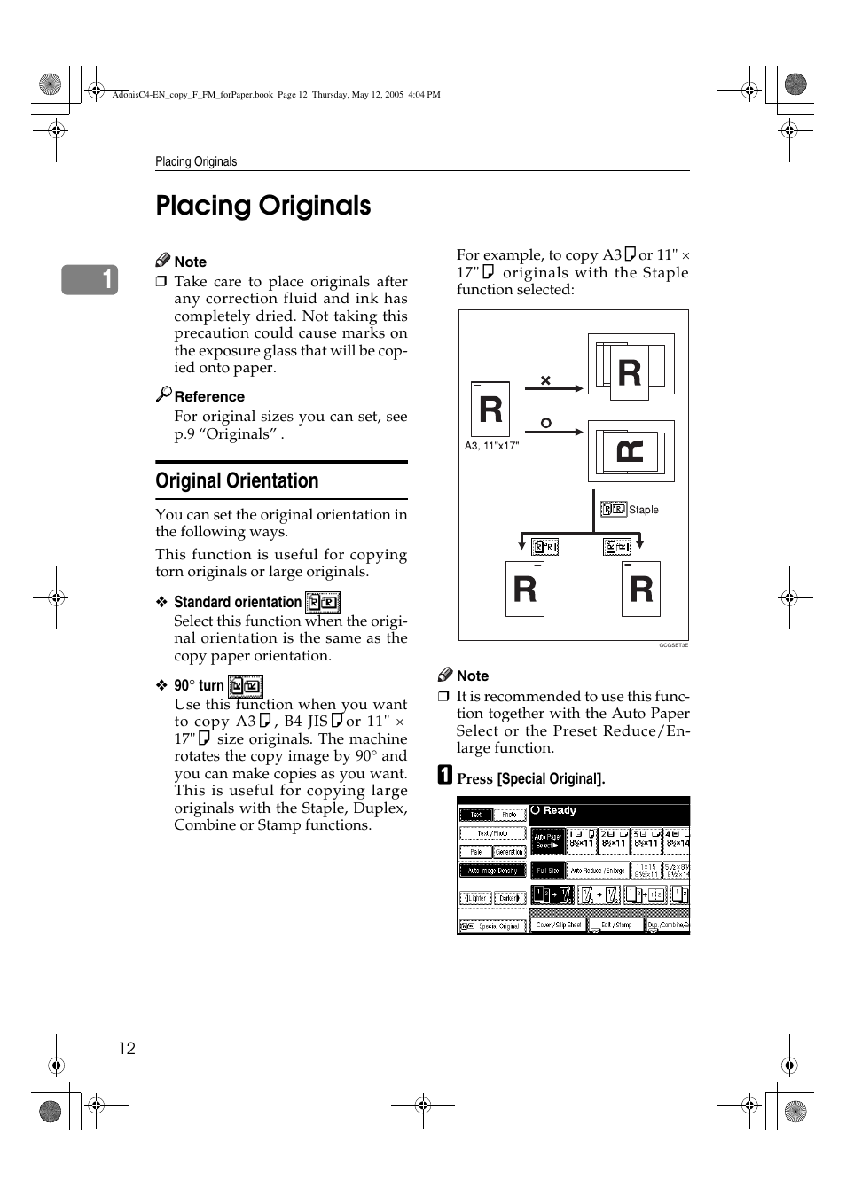 1placing originals, Original orientation | Ricoh Aficio 3045AD User Manual | Page 22 / 136