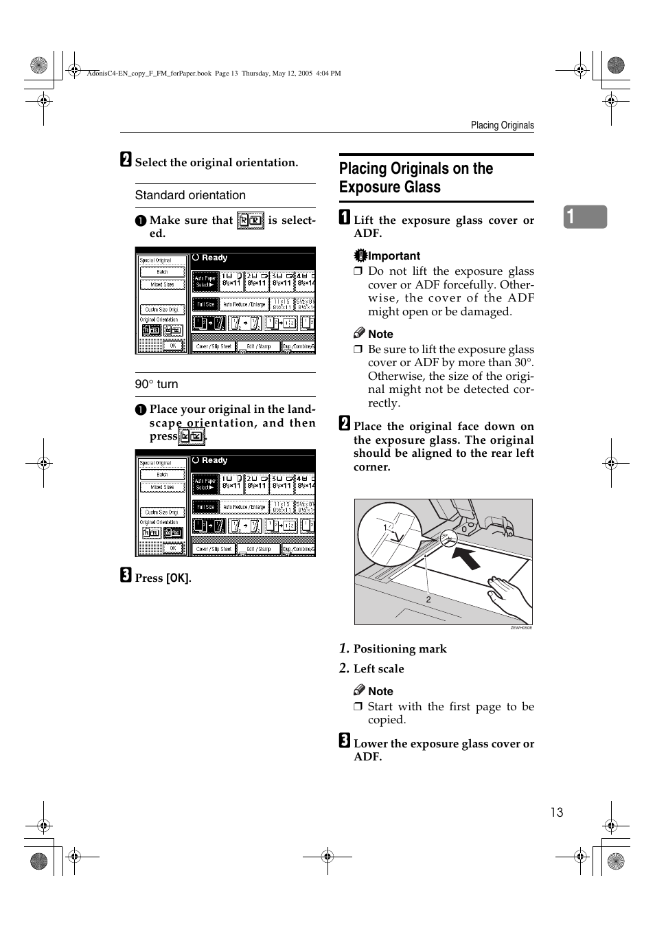 Placing originals on the exposure glass | Ricoh Aficio 3045AD User Manual | Page 23 / 136