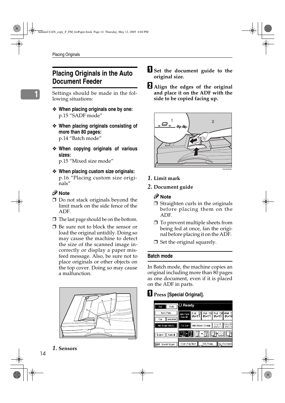 Placing originals in the auto document feeder | Ricoh Aficio 3045AD User Manual | Page 24 / 136