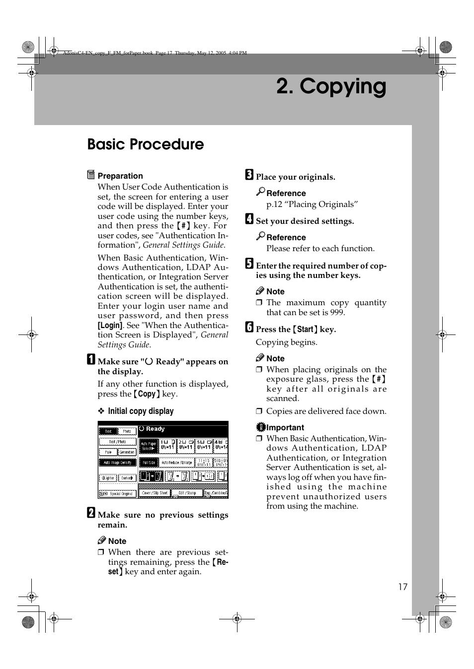 Copying, Basic procedure | Ricoh Aficio 3045AD User Manual | Page 27 / 136