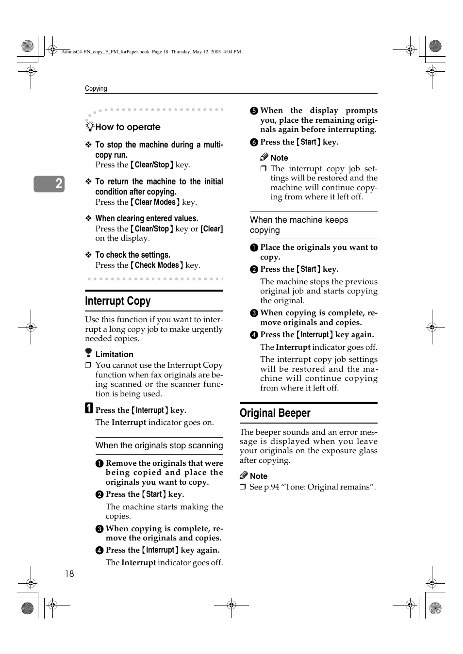 Interrupt copy, Original beeper | Ricoh Aficio 3045AD User Manual | Page 28 / 136