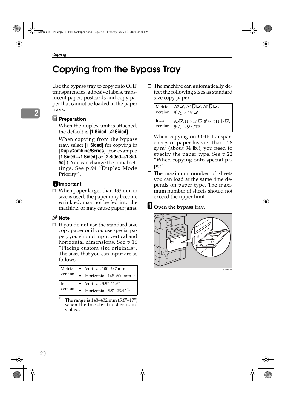 2copying from the bypass tray | Ricoh Aficio 3045AD User Manual | Page 30 / 136