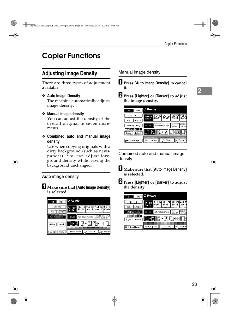 2copier functions, Adjusting image density | Ricoh Aficio 3045AD User Manual | Page 33 / 136