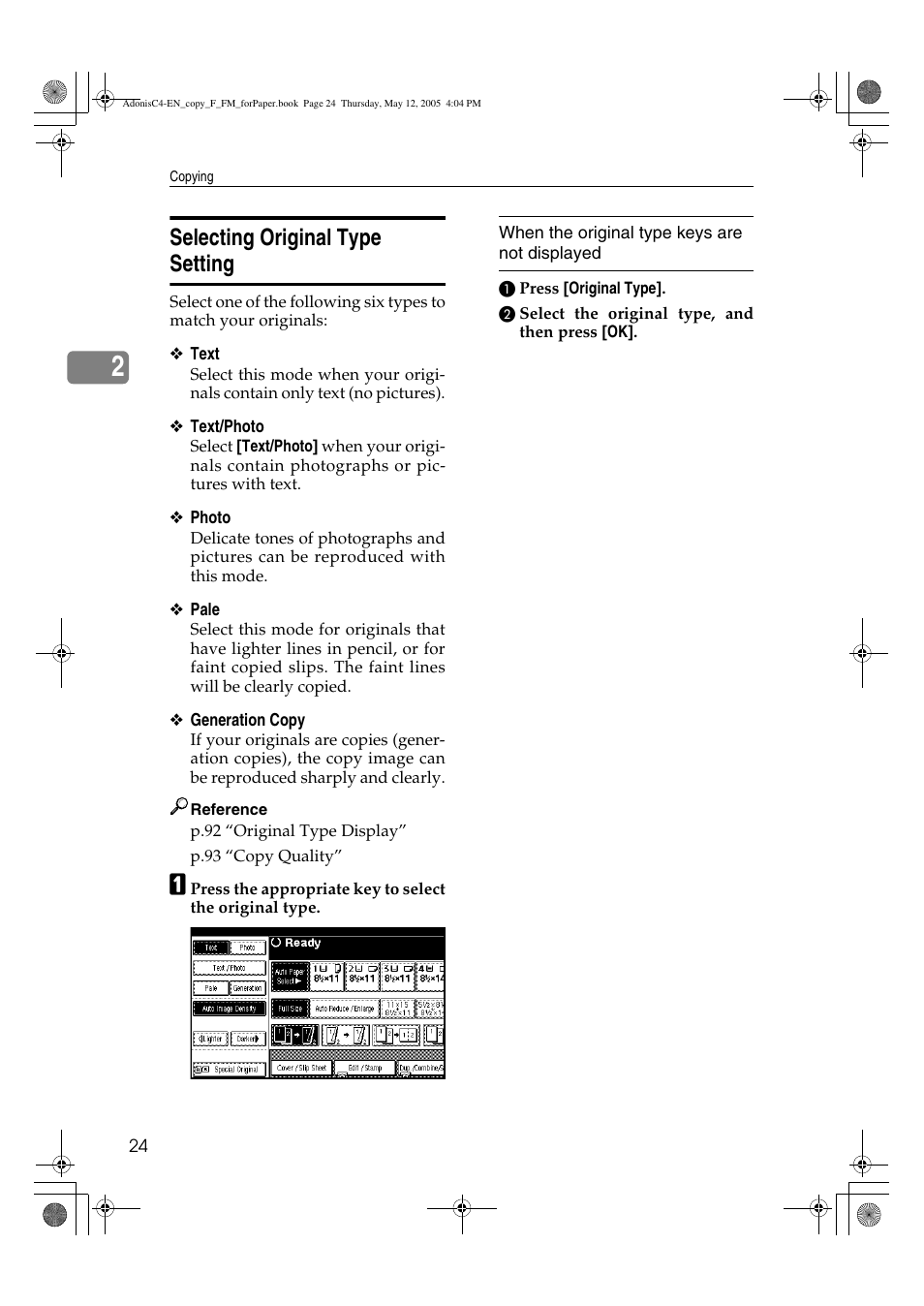 Selecting original type setting | Ricoh Aficio 3045AD User Manual | Page 34 / 136