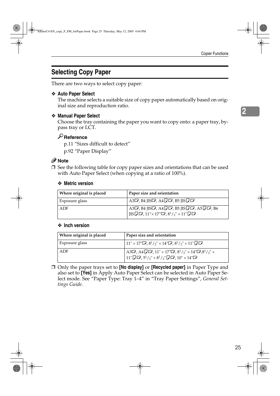 Selecting copy paper | Ricoh Aficio 3045AD User Manual | Page 35 / 136
