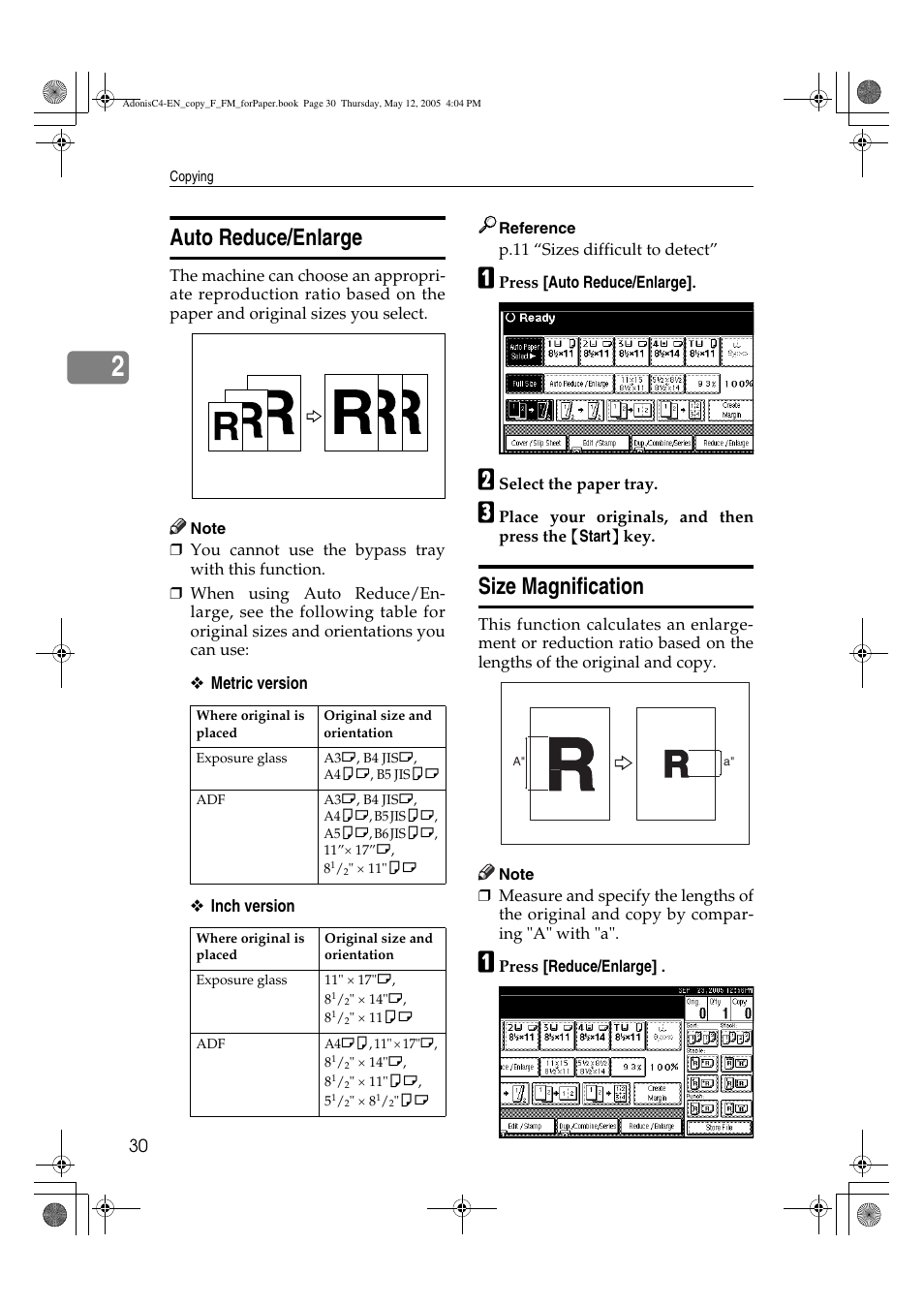 Auto reduce/enlarge, Size magnification | Ricoh Aficio 3045AD User Manual | Page 40 / 136