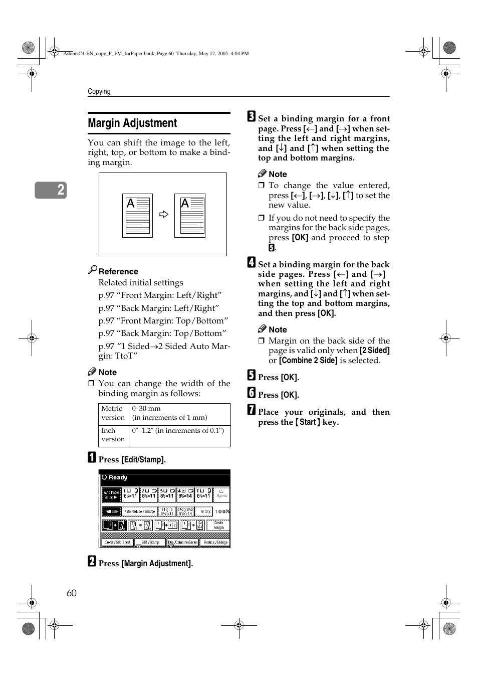 Margin adjustment | Ricoh Aficio 3045AD User Manual | Page 70 / 136