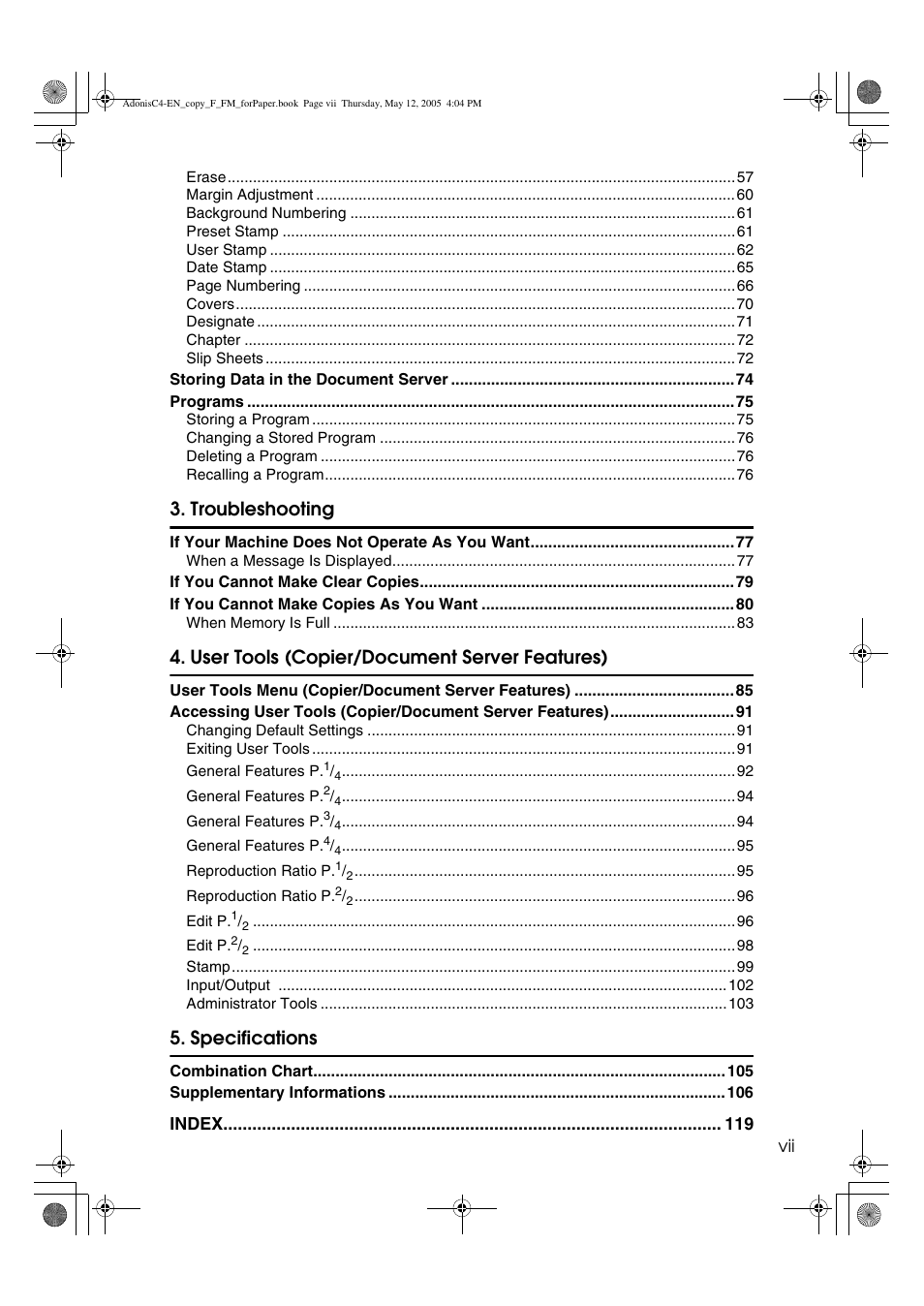 Troubleshooting, User tools (copier/document server features), Specifications | Ricoh Aficio 3045AD User Manual | Page 9 / 136