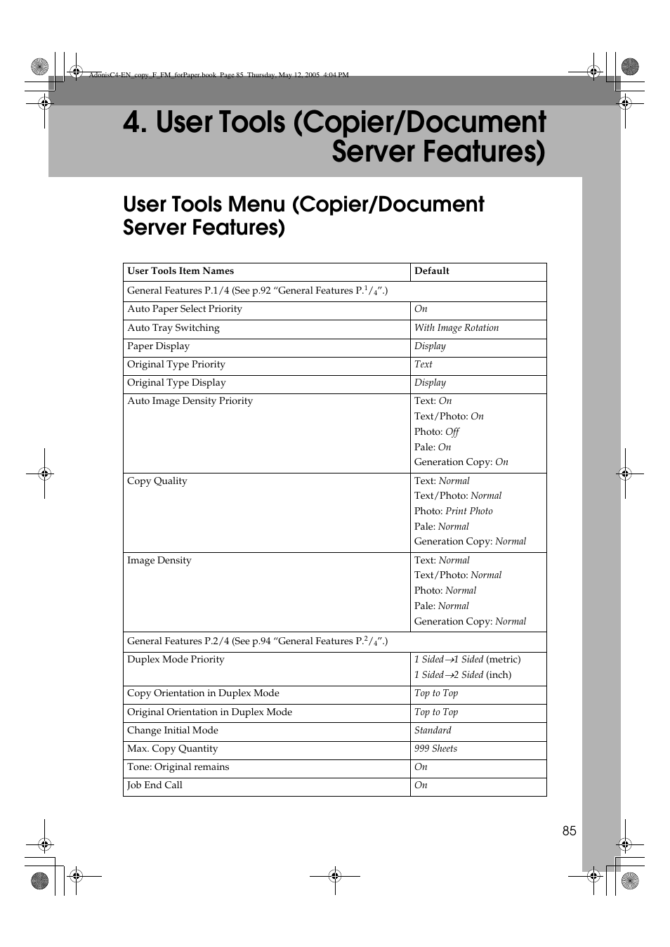User tools (copier/document server features), User tools menu (copier/document server features) | Ricoh Aficio 3045AD User Manual | Page 95 / 136