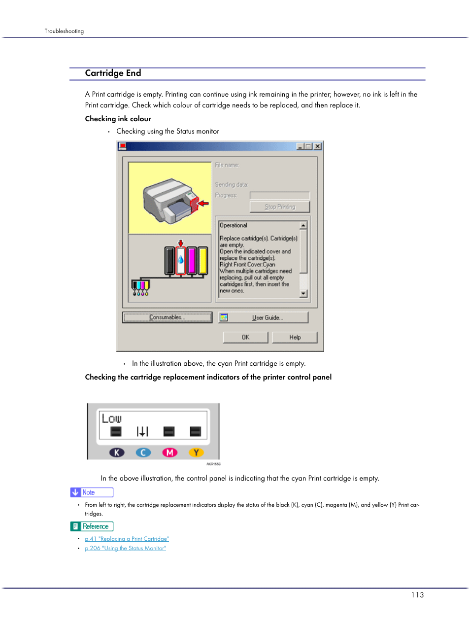 Cartridge end, Checking using the status monitor | Ricoh BY1000 User Manual | Page 113 / 250