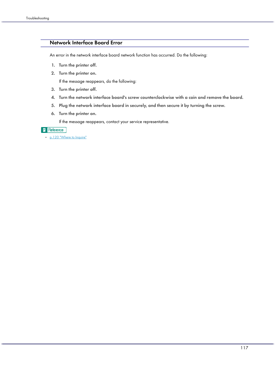 Network interface board error, P.117 "network interface board error | Ricoh BY1000 User Manual | Page 117 / 250