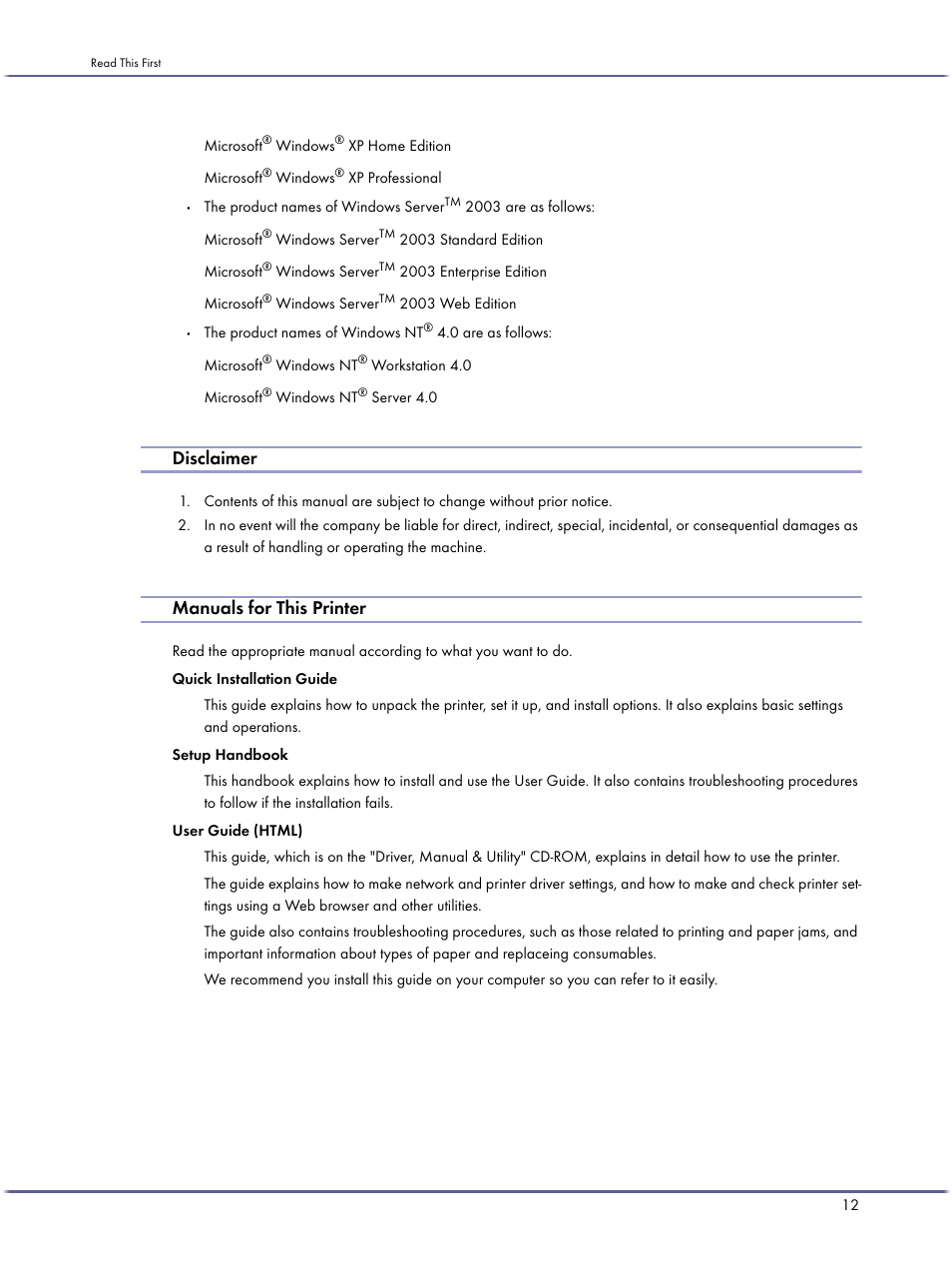 Disclaimer, Manuals for this printer | Ricoh BY1000 User Manual | Page 12 / 250