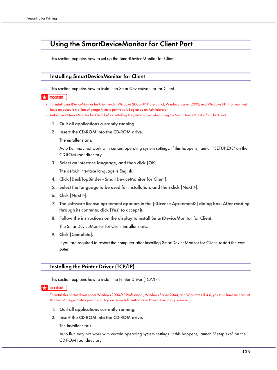 Using the smartdevicemonitor for client port, Installing smartdevicemonitor for client, Installing the printer driver (tcp/ip) | Ricoh BY1000 User Manual | Page 136 / 250