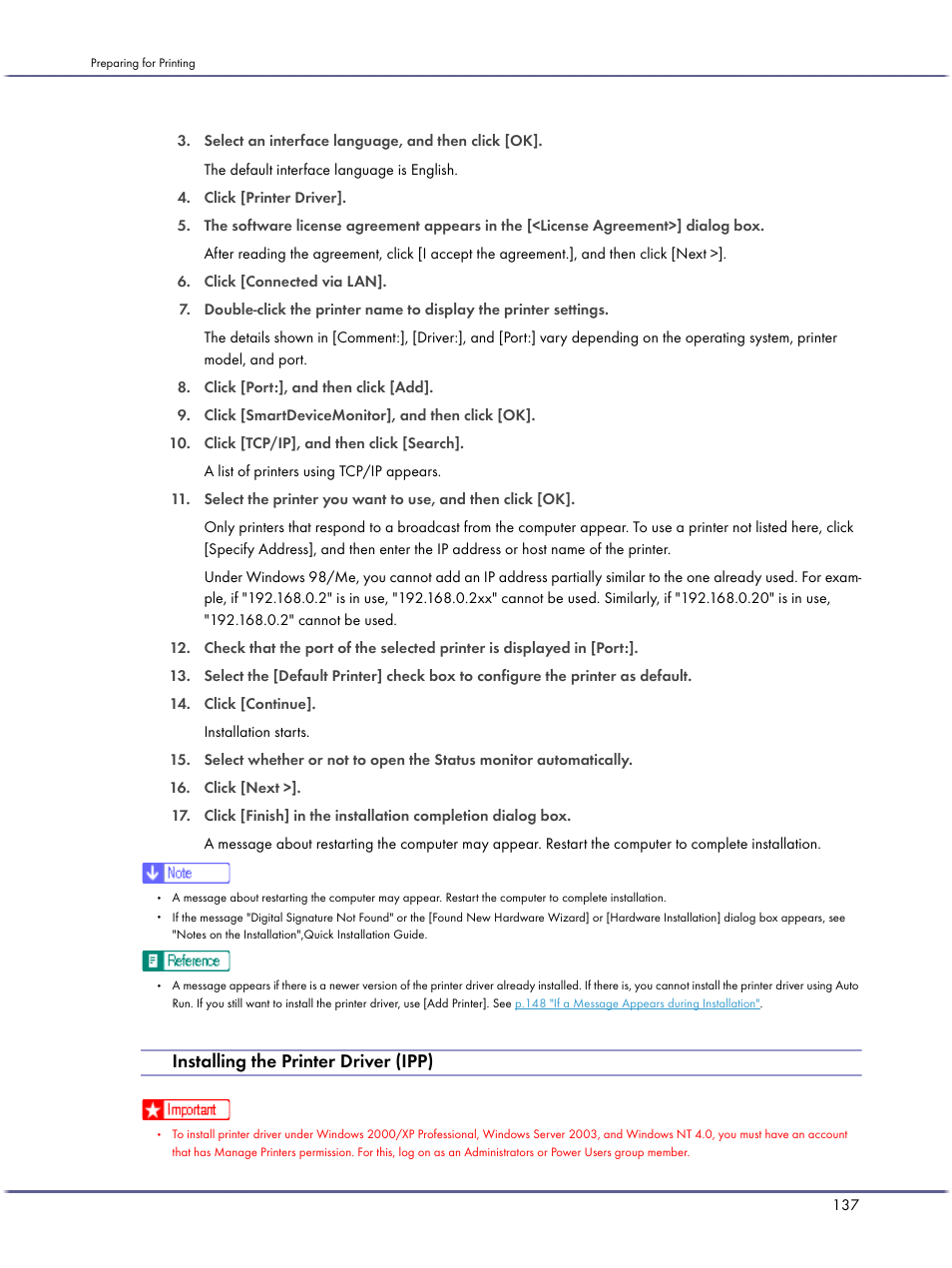 Installing the printer driver (ipp) | Ricoh BY1000 User Manual | Page 137 / 250