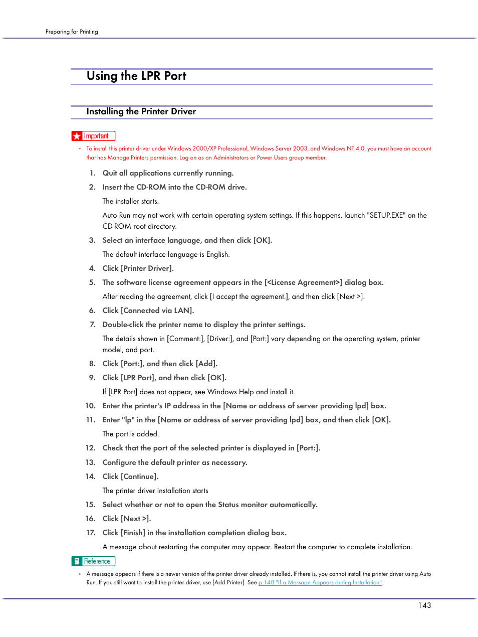 Using the lpr port, Installing the printer driver, P.143 "using the | Lpr port, P.143 "using the lpr port | Ricoh BY1000 User Manual | Page 143 / 250