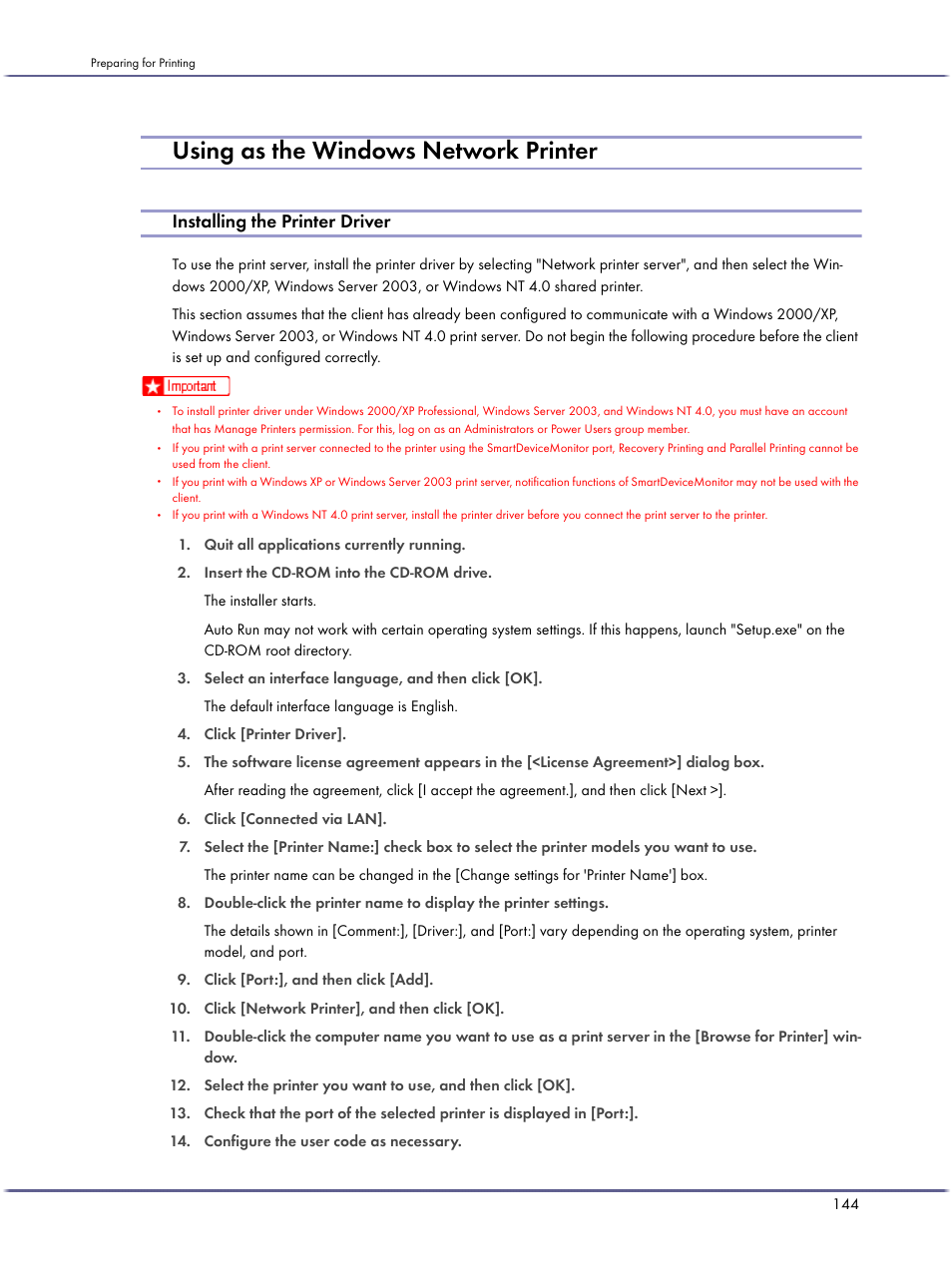 Using as the windows network printer, Installing the printer driver, P.144 "using as the windows network printer | Ricoh BY1000 User Manual | Page 144 / 250