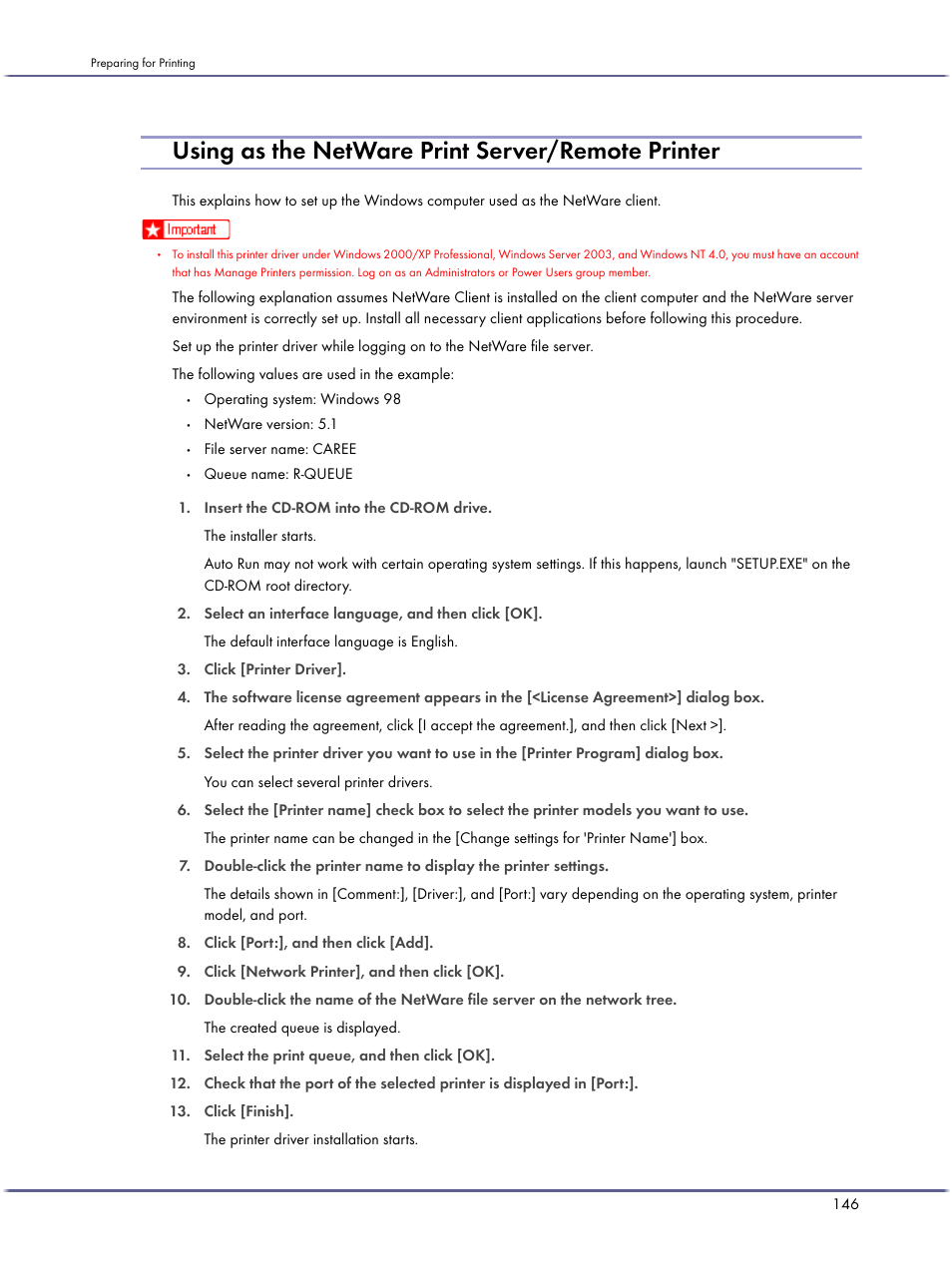 Using as the netware print server/remote printer | Ricoh BY1000 User Manual | Page 146 / 250