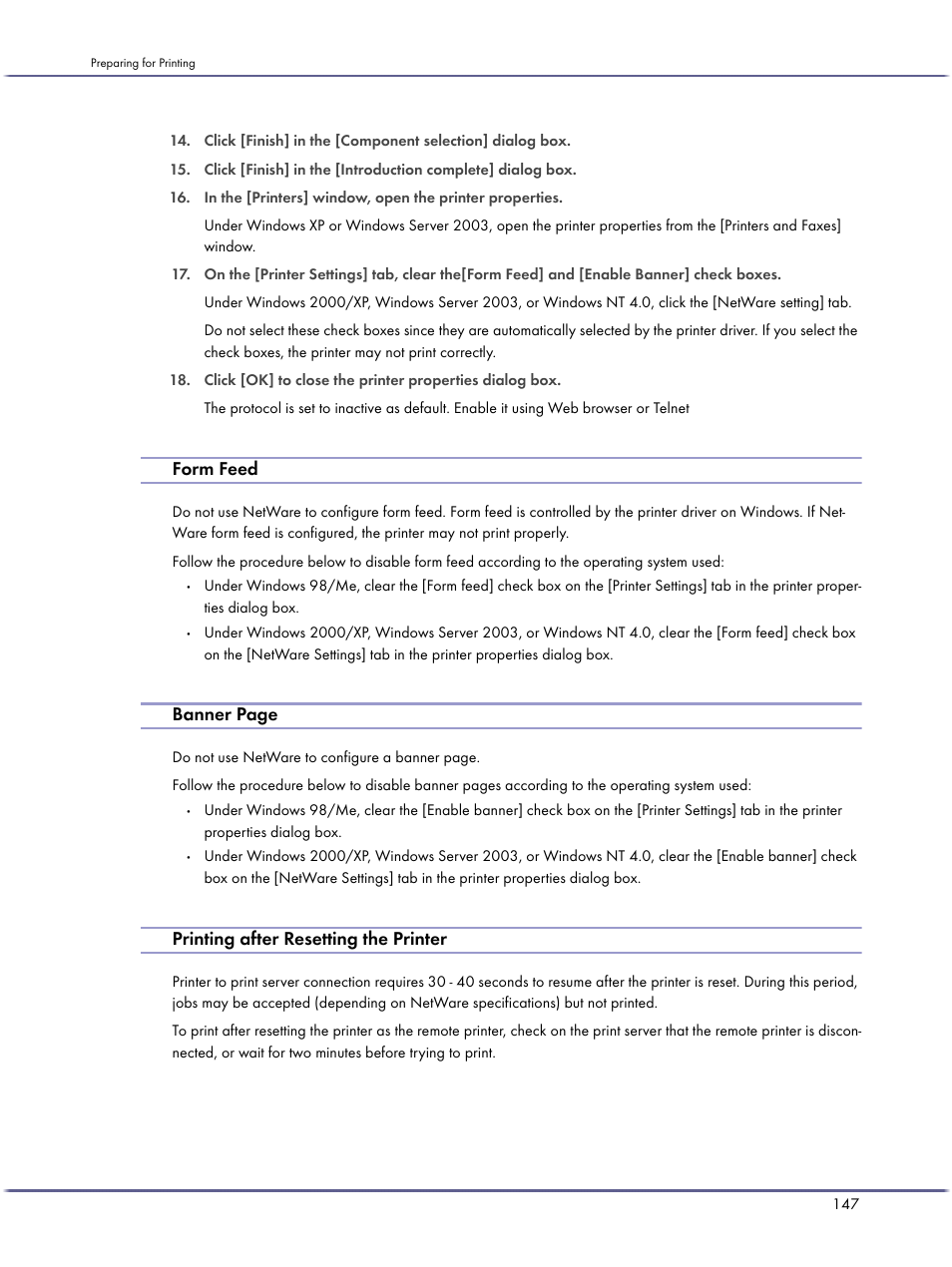 Form feed, Printing after resetting the printer, Banner page | Ricoh BY1000 User Manual | Page 147 / 250