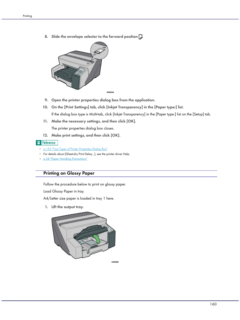 Printing on glossy paper | Ricoh BY1000 User Manual | Page 160 / 250