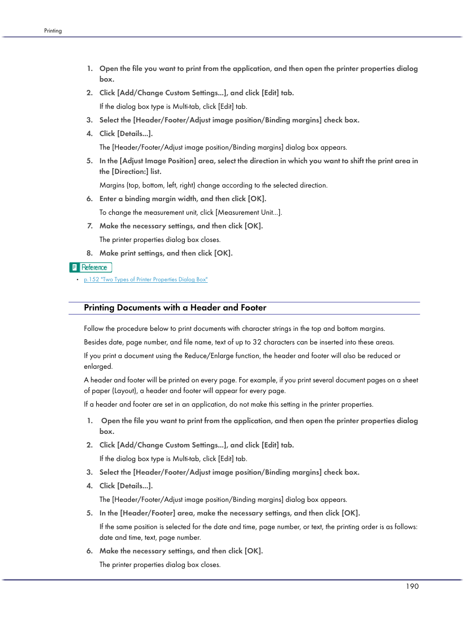 Printing documents with a header and footer | Ricoh BY1000 User Manual | Page 190 / 250