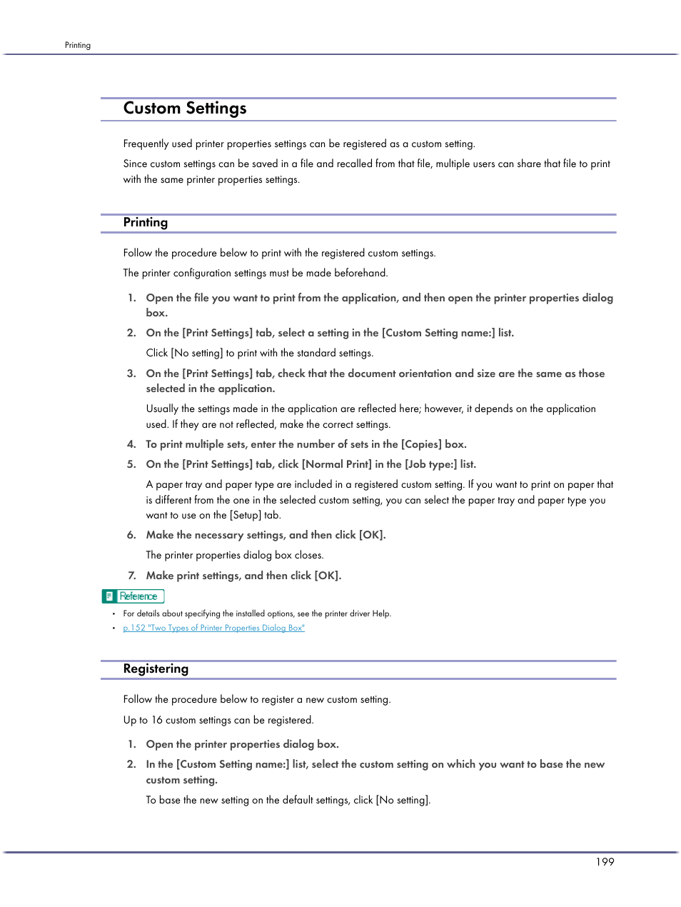 Custom settings, Printing, Registering | Ricoh BY1000 User Manual | Page 199 / 250