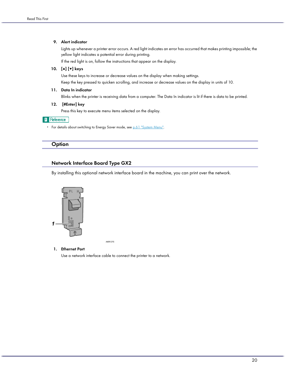 Option, Network interface board type gx2 | Ricoh BY1000 User Manual | Page 20 / 250